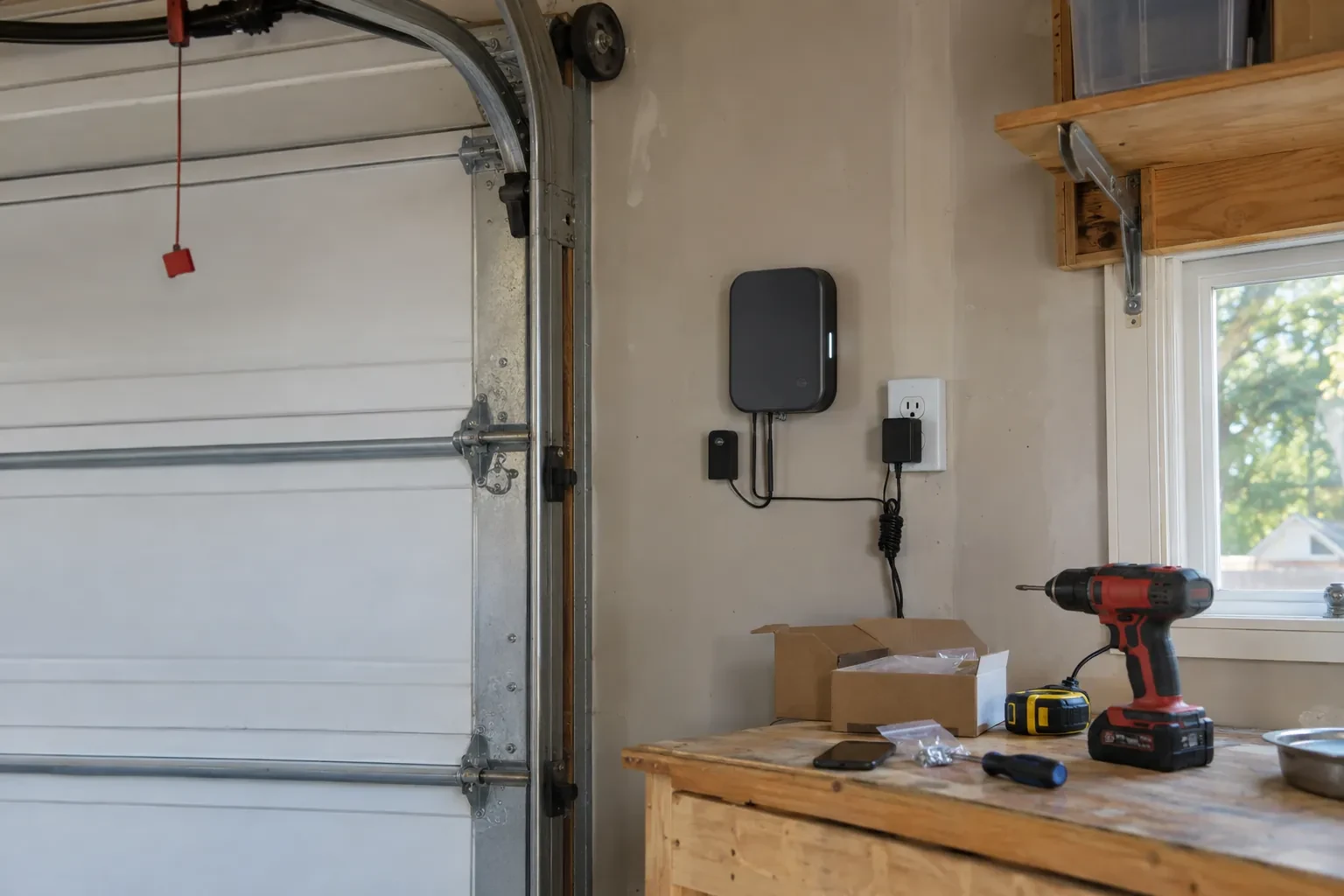 Dark wall-mounted box with a plug-in adapter and sensor beside a garage door, above a workbench with a drill and screws.